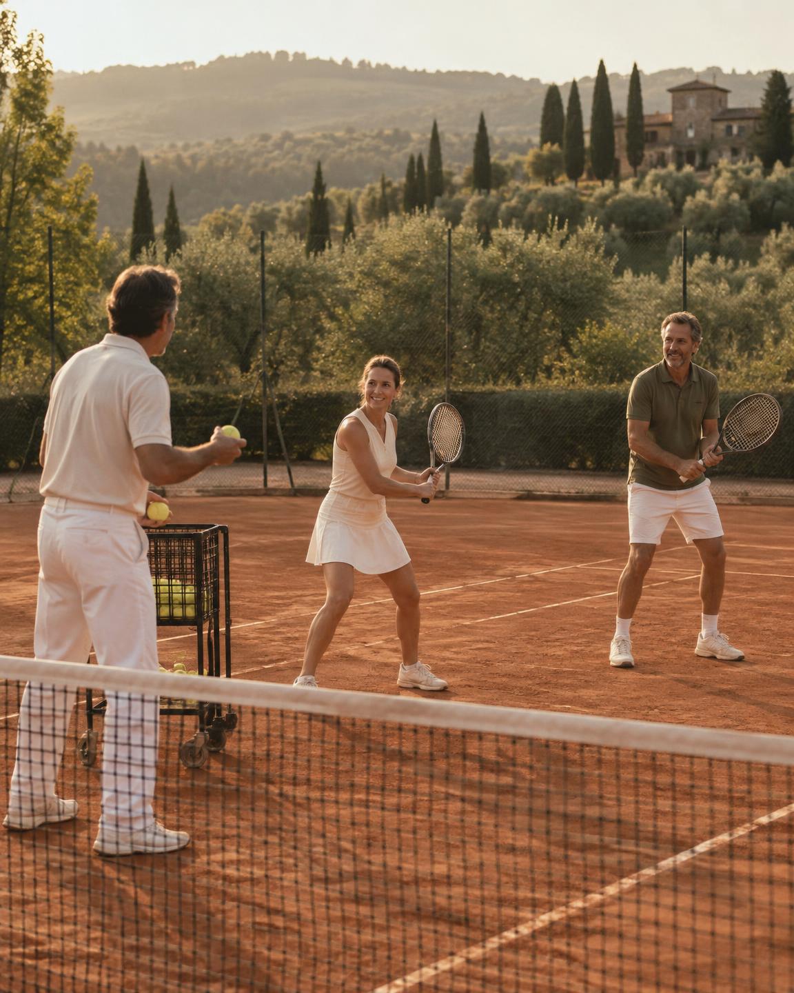 A coach feeding balls to two adult players during a private lesson on a red clay court in Tuscany